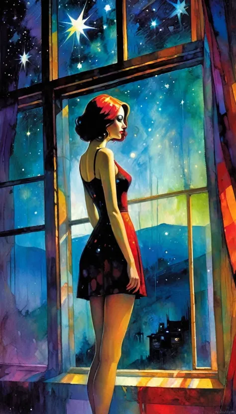 woman, alone, sadness, sexy, standing in front of a large window, through the window a surprising world of colors appears before her, surrealism, night, stars, surreal (art inspired by Bill Sienkiewicz). oil painting)
