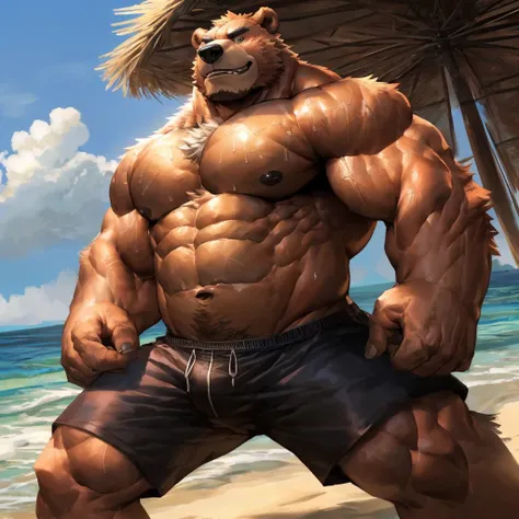 human nature, cannon, male, solitary, ((the strong，Handsome)), (grizzly bear), Chibo，Six-pack abs，(beach island Background)，black trunks，Sweat:1.3，high quality, (4k,high quality, high resolution, masterpiece), Front view (close up), cartoon,by lindong