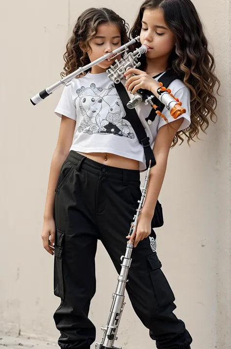 Make a line drawing of a young girl with wavy hair, cargo pants, mostly black and white clothing, playing the clarinet and with an orange and white kitten