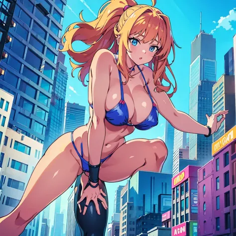 90s　giant girl on the road of the big city girl in bikini swimsuit female giant giant girl Whole body sneakers　 Destroyed skyscrapers Destroyed cars Crowd Unreal Engine, ,anmnr,giantess,giant girl,Big city, valley between buildings, h
