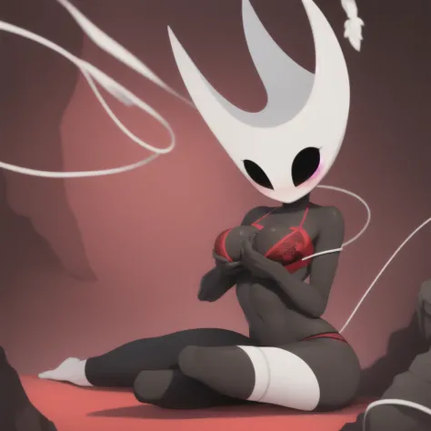 hornet, cute, chibi, no feet, furry girl, abs, slim, anthro, thread, solo, sits, red tango panties,red straps all over the body, Red lace bra, high, (best quality), (detailed dark cave background:1.2), flat colors, large breasts, no nipples, sexy body, (bl...