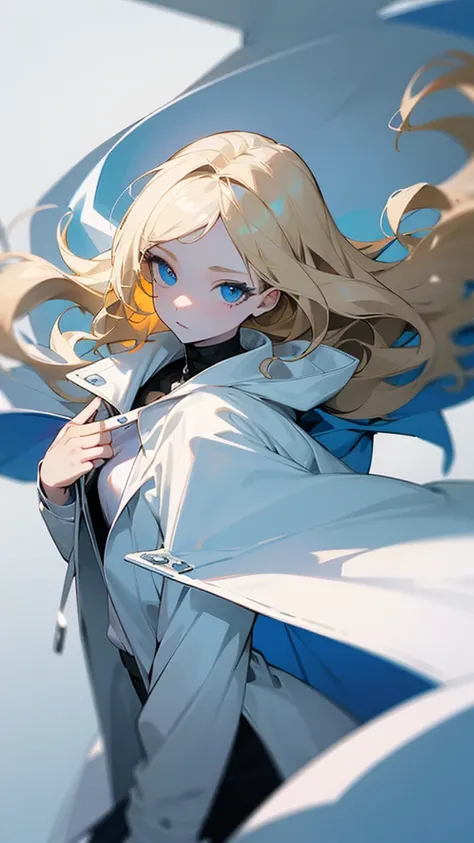 Blonde and wavy blue-eyed girl with white skin, wearing a white shirt and a gray coat, short preto.