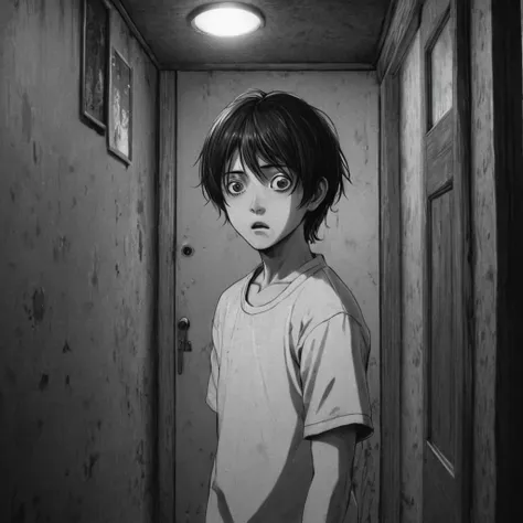 flashlight in a haunted house, (anime), bizarre scenario, this is junji, yusuke murata, black and white, 8k, anime, horror