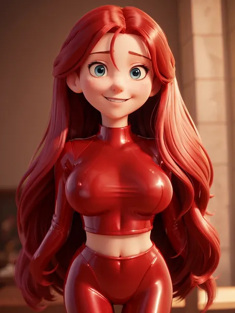 masterpiece , beutiful woman, red very long hair , blue eyes , gradient , perfect figure , (lite smile , detailed face ,latex suit, , (8k, best quality 1.2), ultra-detailed, 8k uhd,, soft lighting, high quality, film grain, beautiful lighting,, (cinematic:...