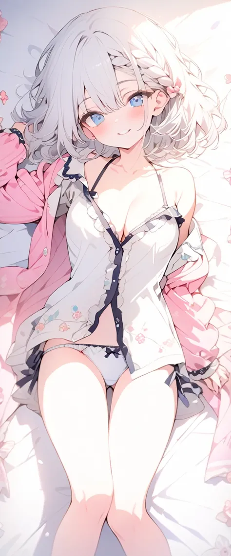 beautiful, masterpiece, Highest quality, anime, One girl,Portrait Shot, View your viewers, Covered、Short Hair、nearby、Blue Eyes、art、White hair,black streaked hair、Thighs、Braid、Bright、smile、Cleavage、barefoot、pajamas、bed、Lying on your back、Panties