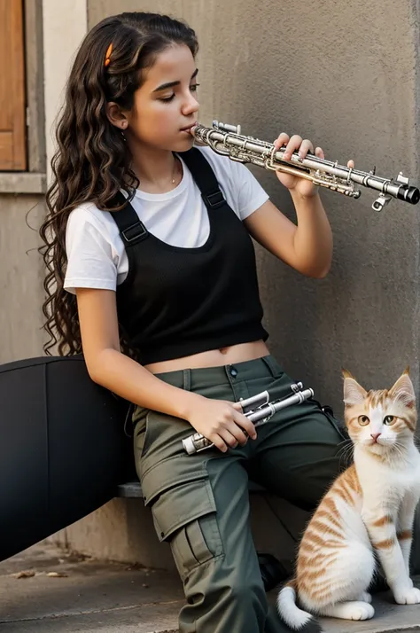 Young adult girl with wavy hair, cargo pants, mostly black and white clothing, playing the clarinet and next to him with an orange and white kitten