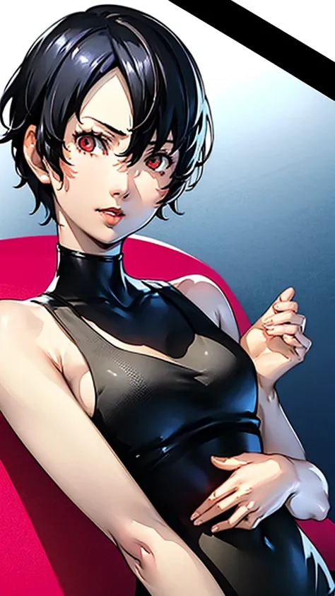 1 girl, very Short hair, tomboy Pixie haircut, black hair, red eyes, lipstick, black choker, face portrait, tank top, shigenori soejima style, perfect art