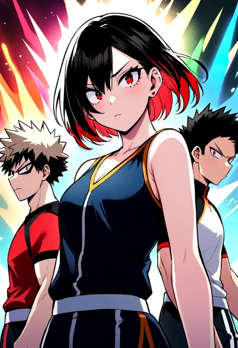 Create an ANIME type girl at the Boku No Hero Academia sports festival with short hair below the ear, black hair with reddish tips, one eye blue and the other red, with a slightly annoyed expression next to Bakugou Katsuki.