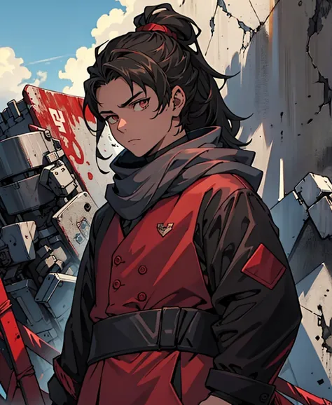 1 boy, 16 years old, serious face, black hair, long hair (tied hair), black closed coat, blood, one, red and blue magic around h...