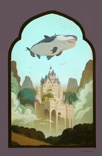 there is a picture of a picture of a castle in the sky, castle in the sky style, flying castle, in style of ghibli, flying cloud castle, appa from the last airbender, flying whale, ghibli inspired, levitating citadel, castle in the sky, in style of studio ...