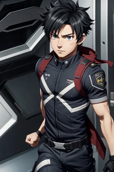 Screenshot of boko no hero academia. Jet Boy, dark-haired man with effeminate appearance and gray eyes in the UA uniform