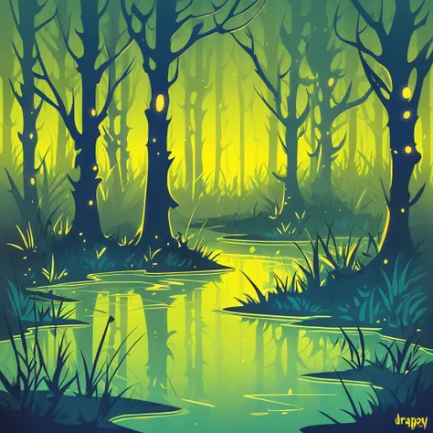 twilight swamp in dripping art style