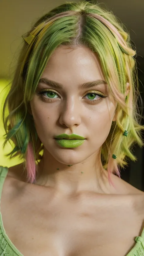 8k, close up photo-realistic portrait of beautiful 19 year European girl, ((yellow and green hair, , light green eyes, pink lipstick, ))