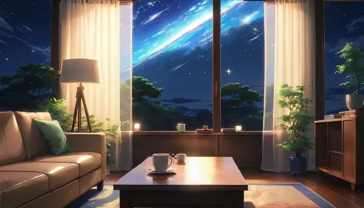 there is a living room with a couch and a coffee table, beautiful anime scene, anime background art, anime beautiful peace scene, cosmic skies. by makoto shinkai, anime scenery, moonlit starry sky environment, beautiful anime scenery, anime background, ani...