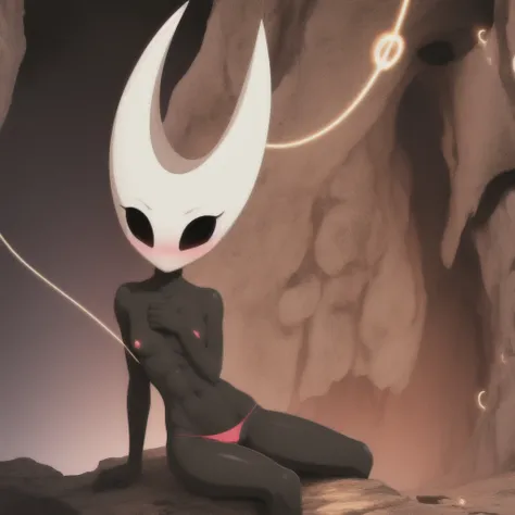 hornet, cute, chibi, no feet, furry girl, abs, slim, anthro, thread, solo, sits, red tango panties,He covers his chest with his hands, (best quality), (detailed dark cave background:1.2), flat colors, large breasts, no nipples, sexy body, (blushes 1.5), un...