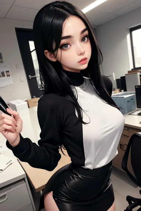 (best quality, masterpiece, perfect face) black hair, 18 years old pale girl, big bust, black turtleneck, black skirt, in empty office, solo