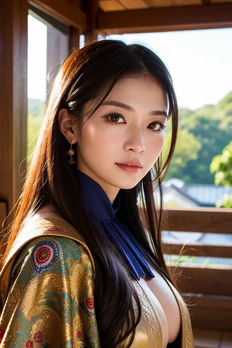 ((Highest quality)), ((masterpiece)), (detailed), One girl, fortune teller、30-year-old woman、Serious look、Frontal portrait、Loose chest、Small eyes、shawl、Sacred Riteysterious、Slight smile、Shaman、Japanese beauty、Asian Beauty、