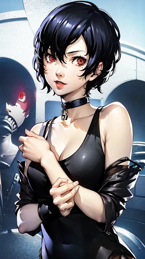 1 girl, very short hair, tomboy pixie haircut, black hair, red eyes, lipstick, black choker, face portrait, tank top, shigenori ...