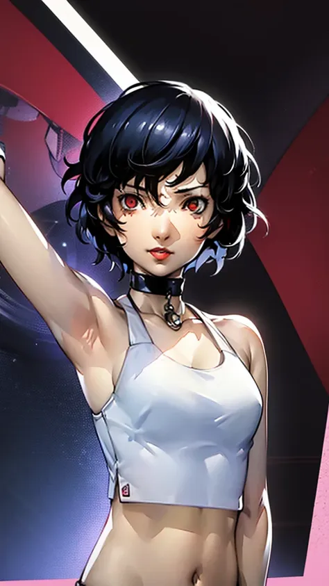 1 girl, very Short hair, tomboy Pixie haircut, black hair, red eyes, lipstick, black choker, face portrait, tank top, shigenori soejima style, perfect art