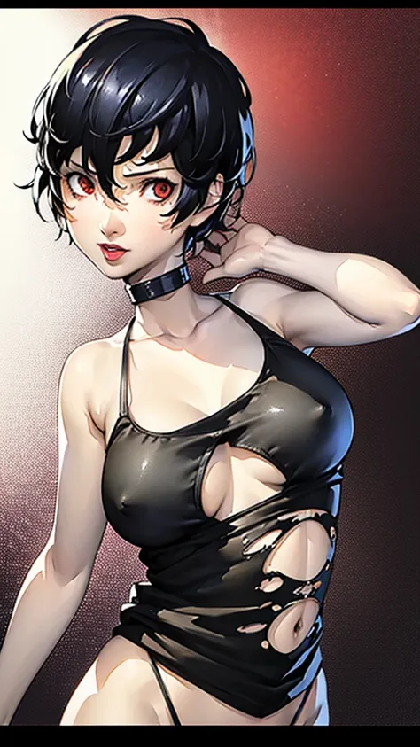 1 girl, very Short hair, tomboy Pixie haircut, black hair, red eyes, lipstick, black choker, face portrait, tank top, shigenori soejima style, perfect art