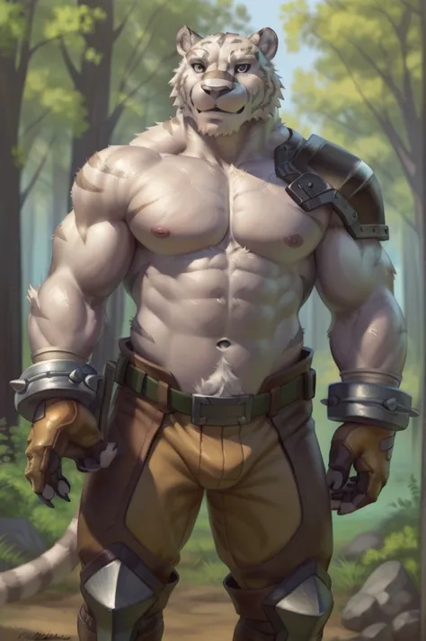 (por Taran Fiddler:1.1), (by chelodoy:1.1), (By Jay Naylor:1.1), mercenary (grimoire of zero), Feline, tigre, safe, 5 fingers, Anthro, shirtless, nipples, body built , fingers, fur, kemono, looking at the viewer, masculine, muscular, only, white body, Whit...