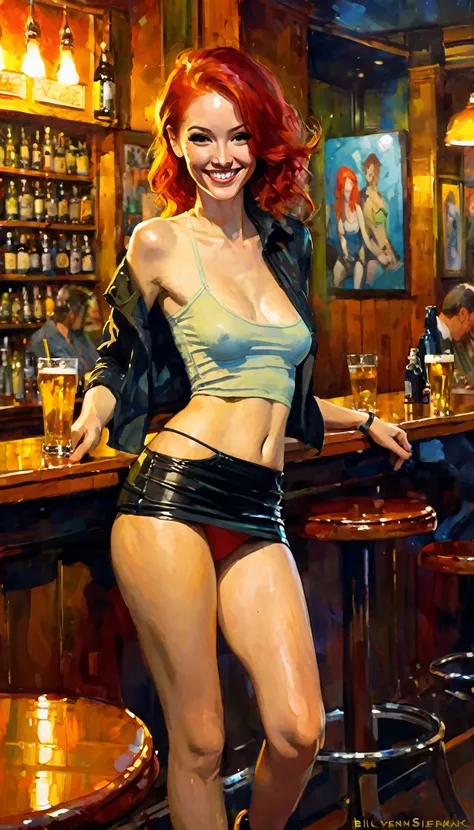 in a pub, very sexy, tight miniskirt, very tight clothes, small breasts, redhead, smiles,(art inspired by Bill Sienkiewicz). oil painting)
