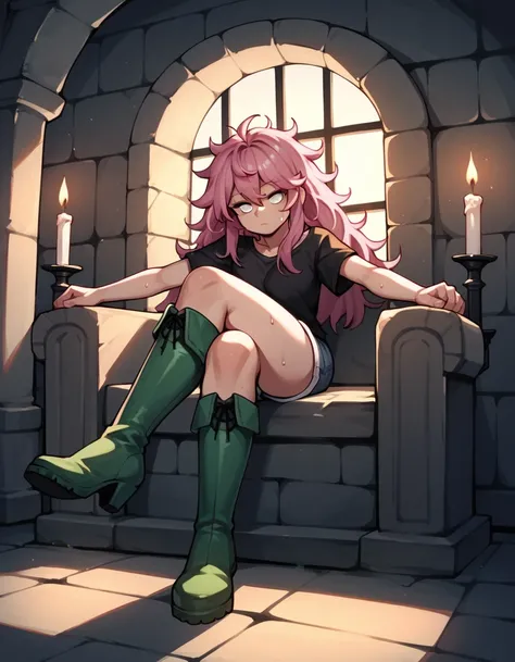 score_9, score_8_up, score_7_up, score_6_up, score_5_up, score_4_up, source_anime, 1girl,sleeping,On his knees, pink hair,loose hair, white eyes,a confused face, w-w-chain, spread arms,crossed legs, messy hair, black shirt,shorts,thigh high sweaty boots, g...