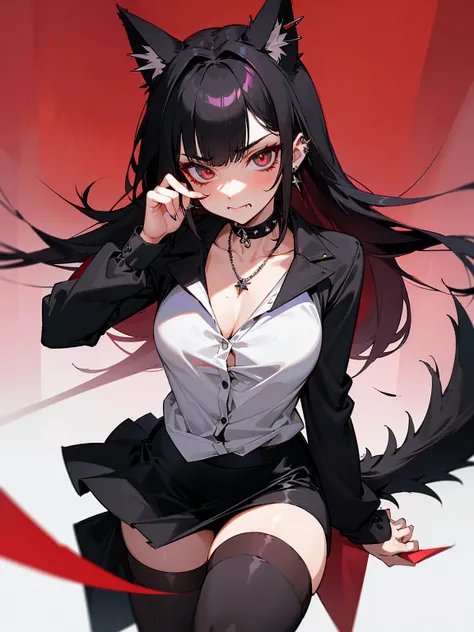 ((Long Straight Black hair)), Perfect face, Choker, Punk earrings, ((Tall)), ((High Quality)), Necklace, ((Mature)), Pretty Eyes, Sharp Nails, Bangs, ((1 Girl)), ((Multiple Earrings)), 1 girl, Spiky Earrings, Adult, Spiked Collar, Thin Eyelashes, Plain Bac...