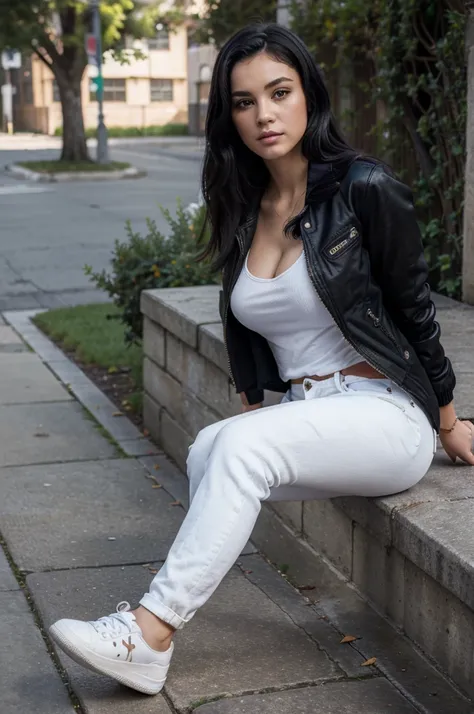 ((best quality)), ((masterpiece)), (detailed), 1girl, black jacket, jeans, pose cool, black hair, plump, medium breast, white shoes, beautiful, accurate,8k 