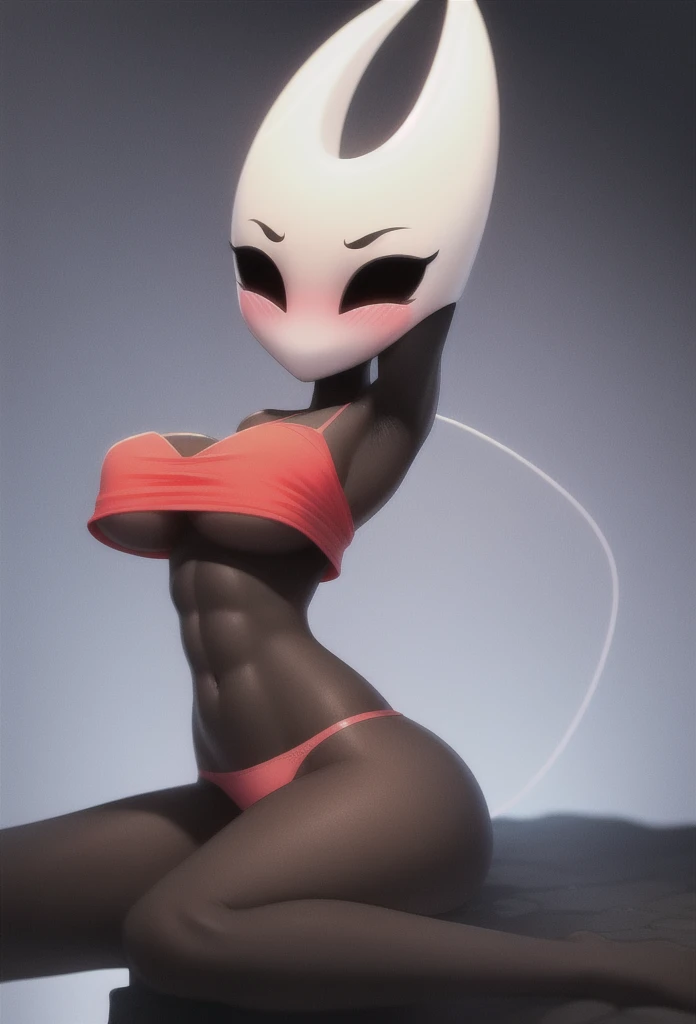 hornet, cute, chibi, no feet, furry girl, abs, slim, anthro, thread, solo, sits, red tango panties, She covers chest with her hands, (best quality), (detailed dark cave background:1.2), flat colors, large breasts, no nipples, sexy body, (blushes 1.5), unde...