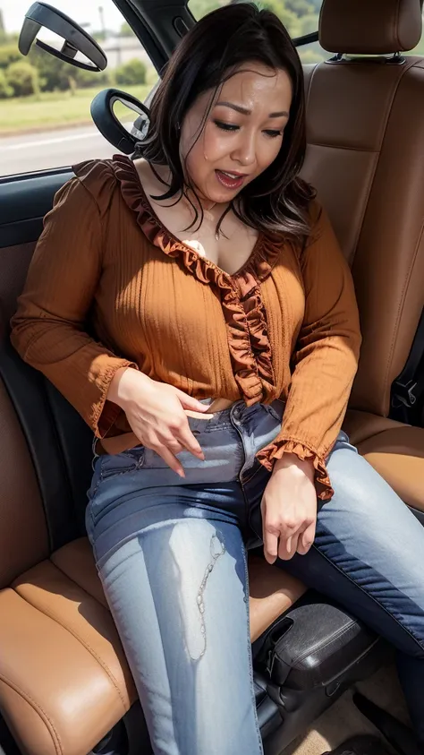 1woman,fullbody,(masterpiece:1.5),photo-realistic,16k,(beautiful 40s japanese plump lady:1.2),(frilled blouse:1.5),(jeans:1.3),(sandals:1.1),(handing on wetting crotch with both hands:1.4),(whimpering:1.4),(panicking:1.5),(crying:1.5),(wetting:1.7),(drippi...