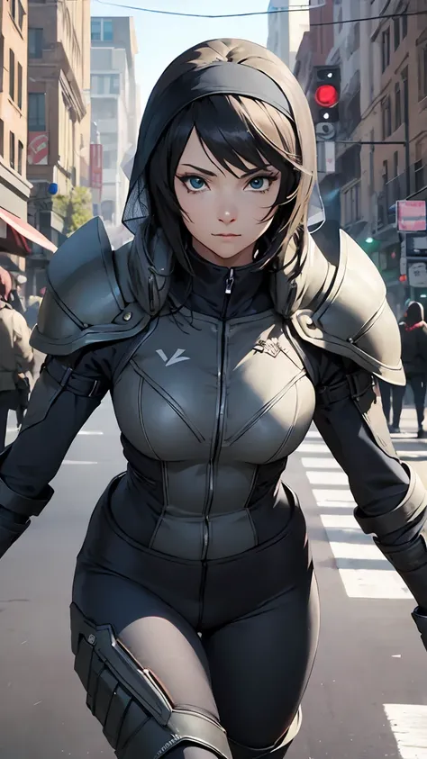 shizune,
break (armor, bodysuit, pauldrons, sexy bodysuit, shoulder armor, thighs, veil, black veil:1.2),
break street, standing...