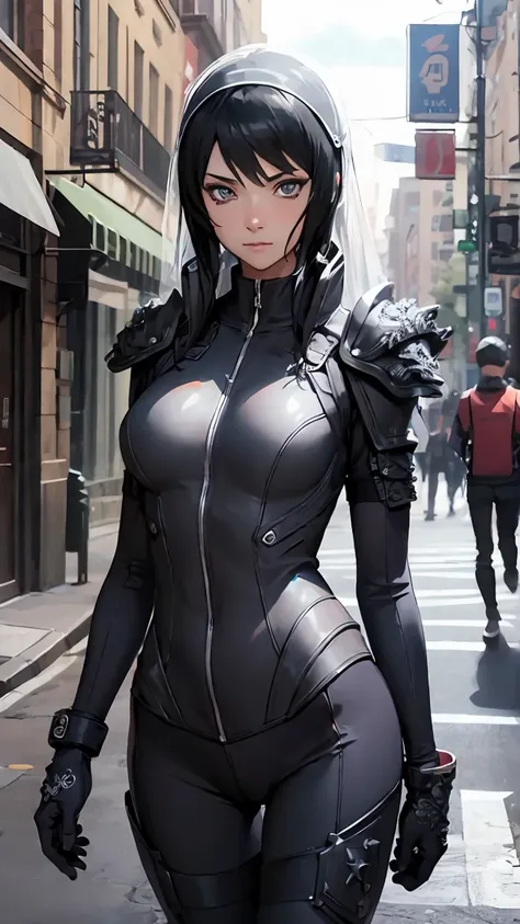 shizune,
break (armor, bodysuit, pauldrons, sexy bodysuit, shoulder armor, thighs, veil, black veil:1.2),
break street, standing...