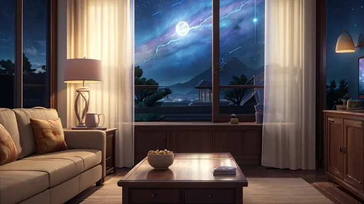 there is a living room with a couch and a coffee table, beautiful anime scene, anime background art, anime beautiful peace scene, cosmic skies. by makoto shinkai, anime scenery, moonlit starry sky environment, beautiful anime scenery, anime background, ani...