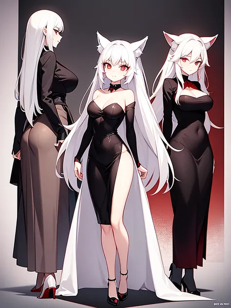 An adult woman half fox and wolf, wide breasts, red eyes, white hair, white fox ears backwards, very shy, and wears a black dress, red socks, and standing, and very sexy