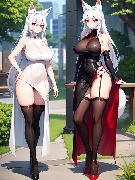 An adult woman half fox and wolf, wide breasts, red eyes, white hair, white fox ears backwards, very shy, and wears a black dress, red socks, and standing, and very sexy