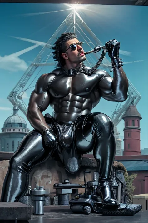 handsome huge gangsta bodybuilder Roman Todd on motorcycle, huge muscles, crotch bulge, quilted and studded with high spikes black shiny leather jacket, black shiny leather shirt, black shiny leather pants, black sunglasses, industrial architecture: 1.4), ...