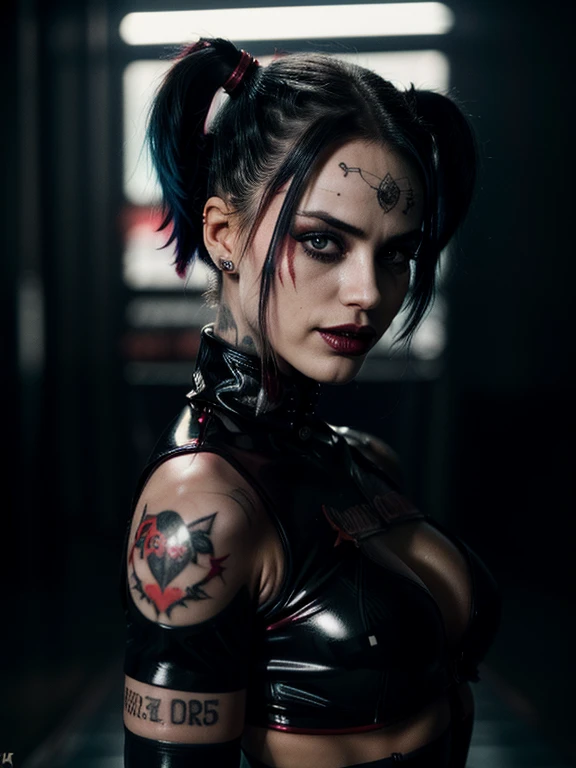 Harley Quinn dominatrix, erotic, realistic, close-up full body shot, detailed facial features, intricate tattoos, glossy latex outfit, dark moody lighting, atmospheric background, dramatic poses, cinematic composition, high contrast, vivid colors, (best qu...