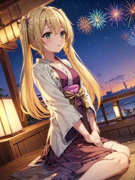 layla , kimono night in firework , blonde hair, pigtailed haired, long hair , green eyes