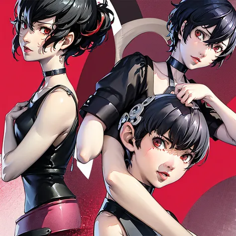 1 girl, very Short hair, tomboy Pixie haircut, black hair, red eyes, lipstick, black choker, face portrait, tank top, shigenori soejima style, perfect art