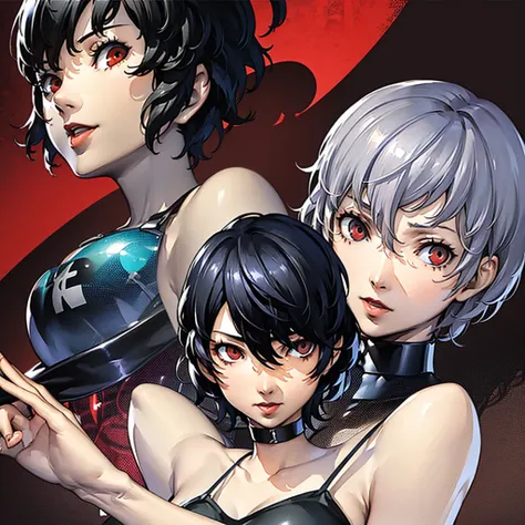 1 girl, very Short hair, tomboy Pixie haircut, black hair, red eyes, lipstick, black choker, face portrait, tank top, shigenori soejima style, perfect art