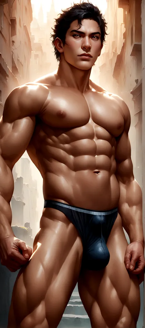 Realistic anime boy, muscle, wearing sexy underwear, with slightly detailed bulge