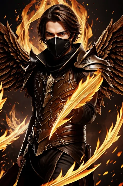  male character with wings made of fire, he has brown hair and eyes. A black metalic mask covering his nose and mouth