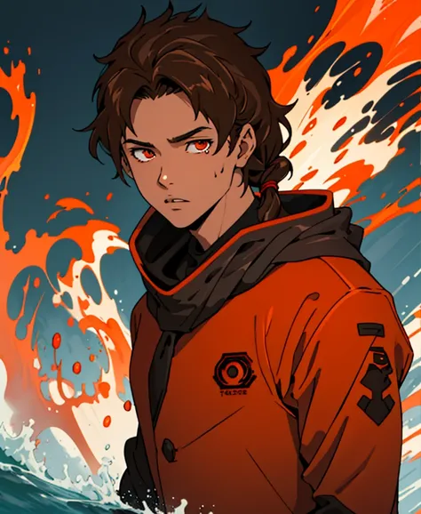 Masterpiece, Best quality, high quality, 1 man, 20 years old, One, athletic body, male focus, Looking at the viewer, upper body, long brown hair, tied hair, orange eyes, black closed coat with blood drops, fire and water mania around it