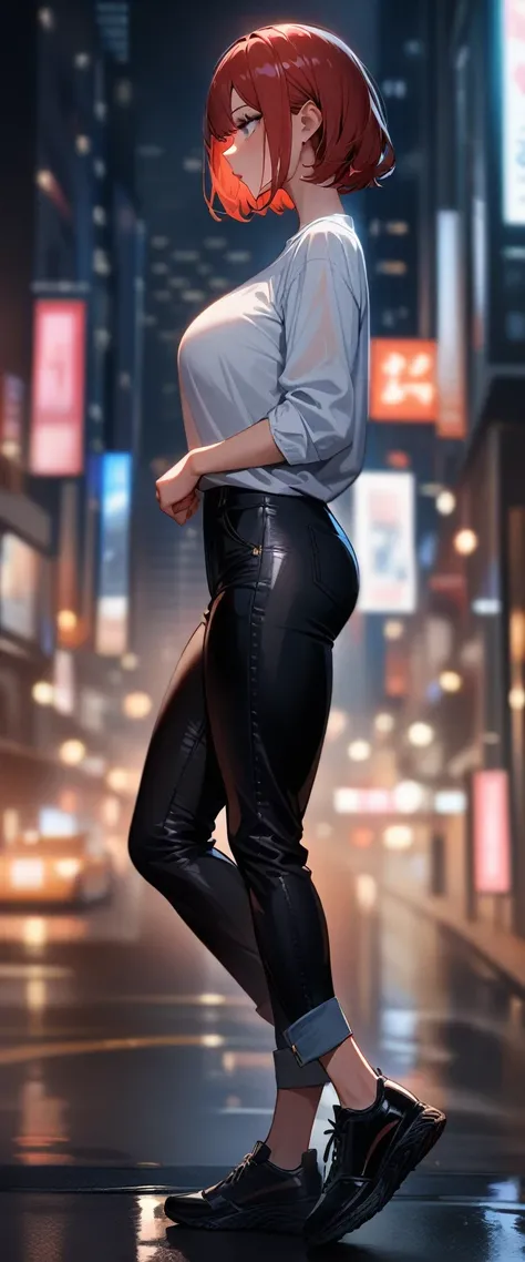 1girl,solo,super detailed skin,shiny skin,expressionless ,eyelashes,lips gloss,red hair,bob hair,short hair ,large breasts ,casual shirt and pant,shoes  ,standing,nigh city ,from side,masterpiece,best quality,ultra detailed,high resolution,sharp focus,dept...