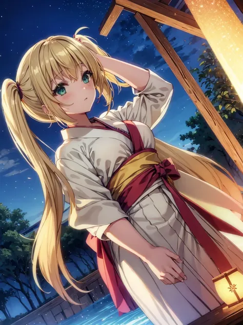 layla , kimono night in firework , blonde hair, pigtailed haired, long hair , green eyes