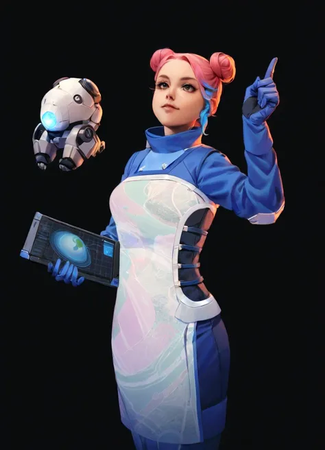 A female character with pink hair styled into buns, wearing a blue and white futuristic outfit that includes a vest, gloves, and boots, stands against a black background. She is holding a small robot in her left hand and a tablet in her right hand, which d...