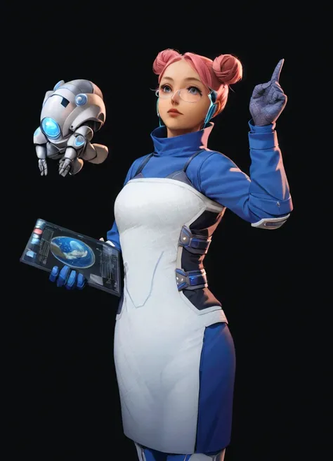 A female character with pink hair styled into buns, wearing a blue and white futuristic outfit that includes a vest, gloves, and boots, stands against a black background. She is holding a small robot in her left hand and a tablet in her right hand, which d...