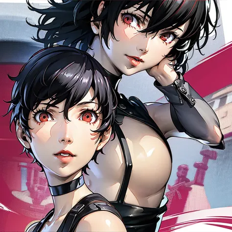 1 girl, solo, very Short hair, tomboy Pixie haircut, black hair, red eyes, lipstick, black choker, face portrait, tank top, shigenori soejima style,