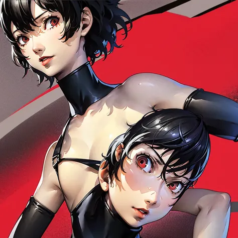 1 girl, solo, very Short hair, tomboy Pixie haircut, black hair, red eyes, lipstick, black choker, face portrait, tank top, shigenori soejima style,